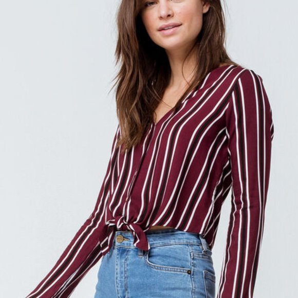 mine Tops - Mine Maroon Striped Tie Front Women's Blouse